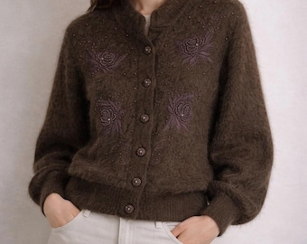 Vintage Eddie Dassin Angora Blend Cardigan Perlen Bestickte Braun Gr. L
