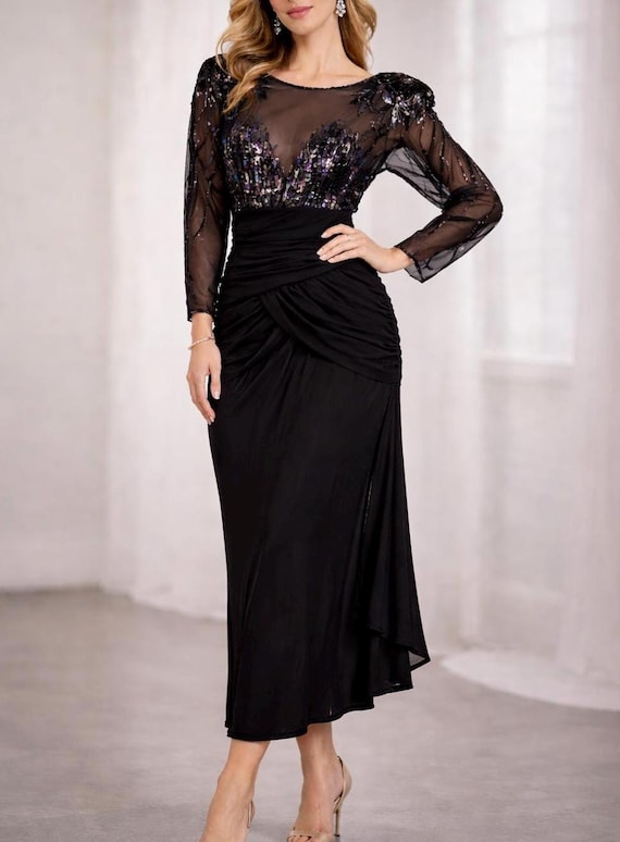 midi black dress with sheer sleeves Long Sleeve Double Layer Detail Midi Dress In Black Sheer Knit | EGO US