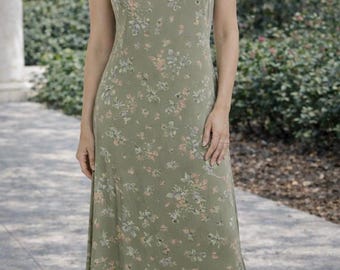 Vintage Lauren Ralph Lauren Seide Floral Maxi Kleid Petite 4P Sage Grün