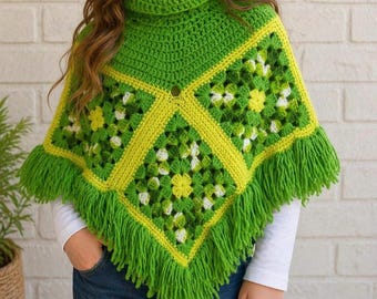 Handmade Girls Green Crochet Poncho Fringe Floral Granny Square Age 6-8