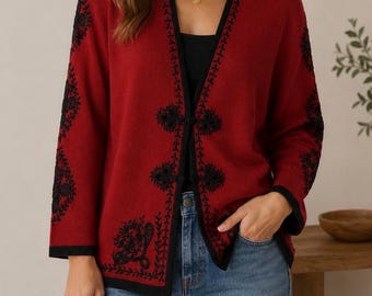 Susan Bristol Vintage handgeborduurd vest trui maat M
