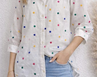 Blusa túnica Gabar Vintage blanca con bordado de lunares y botones delanteros, talla S