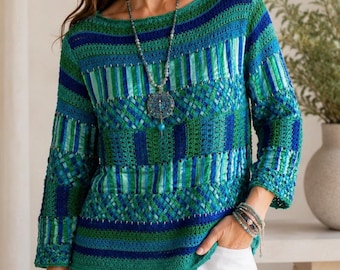 Sandy Starkman Häkelband Band Strickpullover Blau Grün Boho Art Top Medium