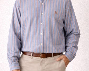 Ralph Lauren Classic Fit Gestreiftes Button Down Hemd Blau XXL Baumwolle Vintage