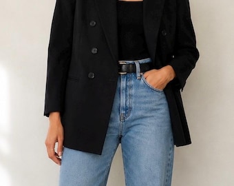DKNY Vintage Black Wool Double Breasted Blazer Jacket Size 4 Power Suit