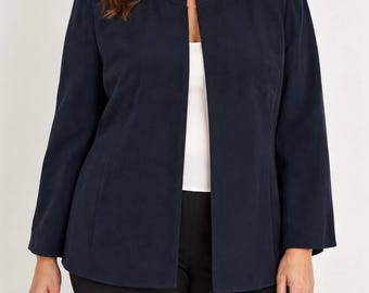 May include: A navy blue open-front blazer with a round neckline, long sleeves, and a smooth, solid-colored fabric finish. The jacket features a clean, collarless design with a single hook-and-eye closure at the top, worn over a white top.