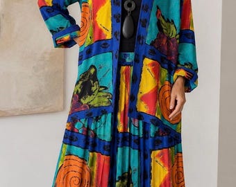 Platinum by Dorothy Schoelen 2Pc Rayon Art Print Skirt Jacket Set Size 12 M 80s