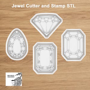 May include: Four white plastic jewel cutters and stamps with intricate geometric facets in diamond, pear, and rectangular shapes. The text Jewel Cutter and Stamp STL is visible at the top, and a Hib Shack Creations logo is in the bottom corner.