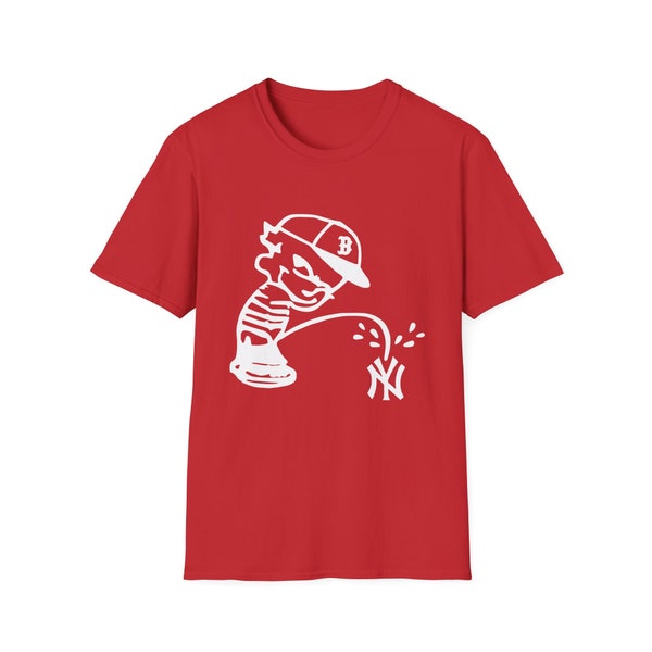 Funny Smack Talkin' Sports Shirt with Boston Red Sox Calvin Peeing on NY Yankees, Rivalry Humor, Unisex Softstyle T-Shirt with FREE SHIPPING