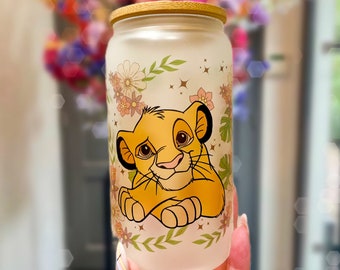 Disney "The Lion King" Glass Mug|Simba|Nala|Tumbler with Straw|Disney|Flowers|Reusable