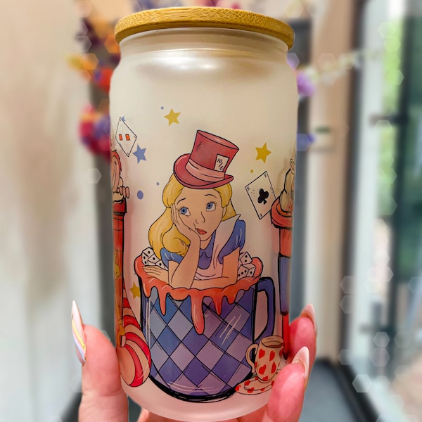 Disney Alice im Wunderland Glasbecher|Grinsekatze|Becher mit Strohhalm|Disney|Blumen|Reusable