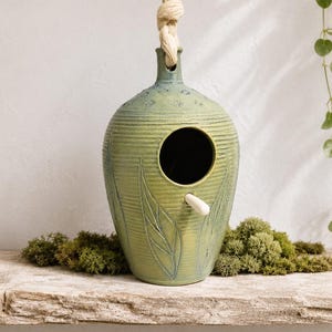 Handmade Green Ceramic Birdhouse: Carved Leaf Design, Stoneware Pottery (8" x 5")