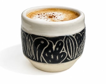 Ceramic Espresso Cup: Black and White Carved Stoneware Mug (2.75" - 8 oz | 1 Cup)