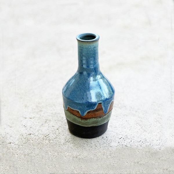 Drippy Blue Ceramic Bottle Vase | Small Wheel Thrown Pottery Bottle, 6.5" x 3.25"