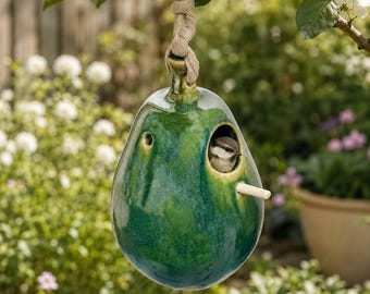 Green Ceramic Birdhouse: Handmade Pottery Hanging Garden Decor, 9" x 5.5"