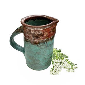 Copper and Turquoise Blue Ceramic Pitcher | Handmade Pottery Pitcher, 6&quot; 20oz