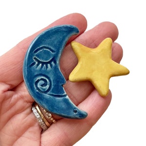 2 Magnets - Moon and Star Fridge Magnets | Handmade Ceramic Moon and Star Magnets for Refrigerators