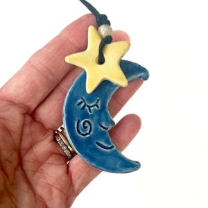 Handmade Ceramic Moon and Star Ornament: Sleeping Face Blue Moon (2.5")
