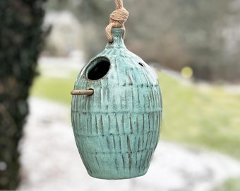 Turquoise Blue Ceramic Birdhouse with Optional Perch Stick | Large Pottery Birdhouse, 7.5" x 4.5" (1.25" hole)