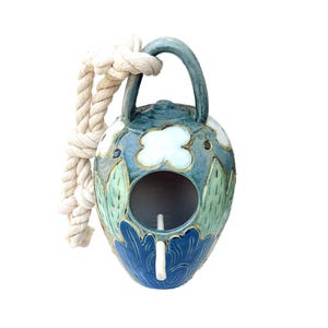 Blue and Green Ceramic Birdhouse with Carved Leaf Design | Pottery Bird House, 8.5" x 5" (2" hole)