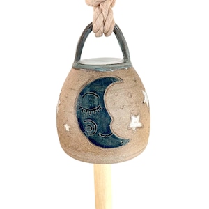 Moon Ceramic Wind Chime Bell | Pottery Moon and Stars Hanging Decoration, 9.5&quot; x 4.5&quot;
