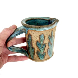 Small Blue Ceramic Pitcher with Carved Leaf Design | Wheel Thrown Pottery Pitcher, 12oz - 4&quot; Tall