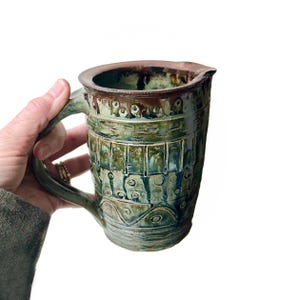 Carved Blue Green Ceramic Pitcher |  Wheel Thrown Pottery Pitcher with Copper Rim, 6.5&quot; Tall
