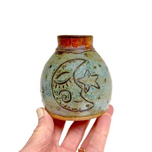 Carved Moon and Stars Bud Vase: Turquoise Ceramic Pottery Vase (3" x 3")