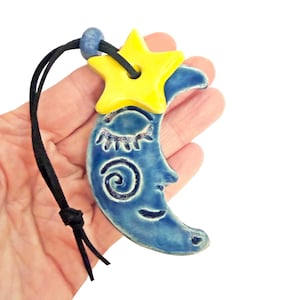 Handmade Ceramic Moon and Star Ornament: Sleeping Face Blue Moon (2.5")