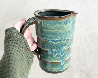 Brown and Aqua Green Ceramic Pitcher |  Wheel Thrown Brown Clay Pottery Pitcher, 28oz - 6.5" Tall