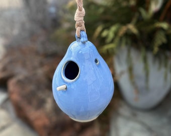 Large Periwinkle Ceramic Birdhouse with Optional Perch Stick | Gourd Shaped Pottery Birdhouse, 8" x 5" (1.5" hole)