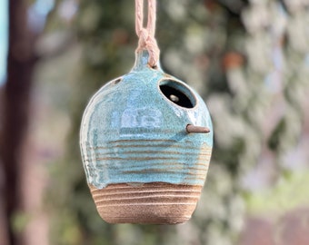 Handmade Turquoise Blue Ceramic Birdhouse with Optional Perch Stick, 6.25" x 4.5" (1.25" hole)