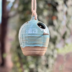 Turquoise Blue Ceramic Birdhouse with optional perch stick