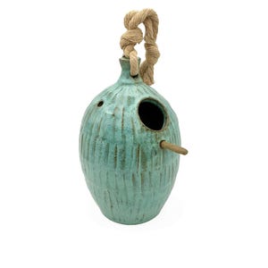 Turquoise Blue Ceramic Birdhouse with Optional Perch Stick | Large Pottery Birdhouse, 7.25" x 4.5" (1.25" hole)