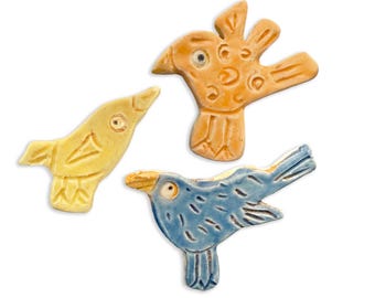 Handmade Ceramic Bird Fridge Magnets – Blue, Yellow, Orange Set