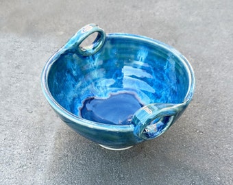 Blue Ceramic Bowl with Handles | Swirl Pottery Serving Bowl, 6.75" x 4.25"