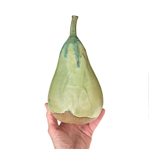 Handmade Green Stoneware Pear Sculpture: Pottery Home Decor
