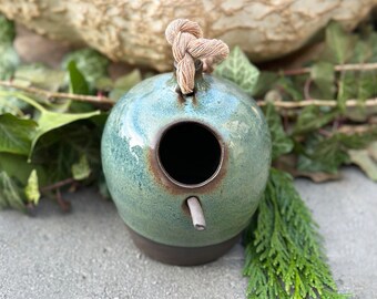 Aqua Green Ceramic Birdhouse with Optional Perch Stick | Handmade Pottery Birdhouse, 5" x 4" (1.5" hole)