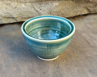 Small Carved Green Ceramic Bowl | Porcelain Pottery Bowl with Vine Design, 4" x 2.5"