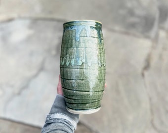 Large Green Ceramic Vase |  Carved Wheel Thrown Pottery Vase, 8.75" Tall