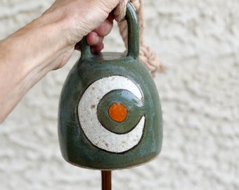 Green Moon and Sun Handmade Hanging Ceramic Bell Pottery Chime, 6" high x 4" wide