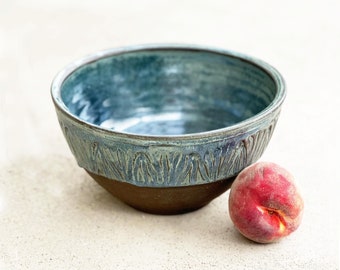 Large Carved Blue Ceramic Serving Bowl | Brown Clay Pottery Bowl, 9" x 4.5"