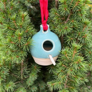 Blue Mini Birdhouse Christmas Ornament Decoration | Handmade Pottery, 3.25" x 2.75"