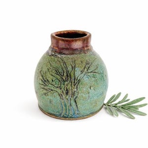 Small Tree Vase: Hand Carved Ceramic Turquoise Green Tree Design Bud Vase (3" x 3")