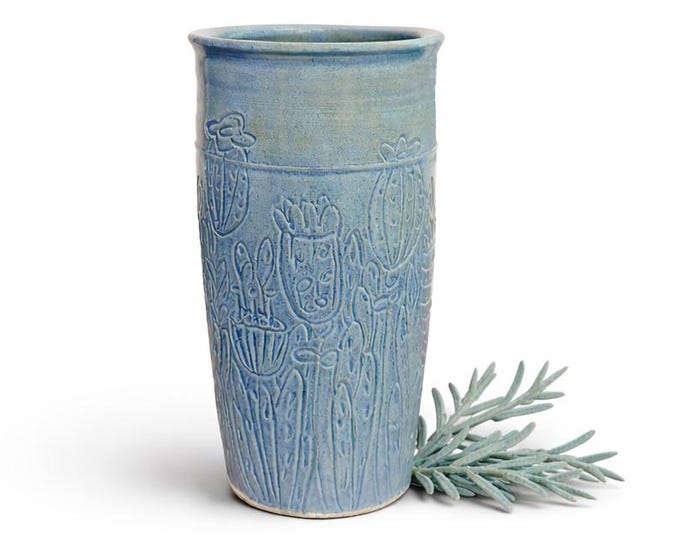 Large Carved Turquoise Blue Stoneware Vase | Wheel Thrown Ceramic Vase ...