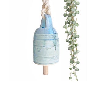 Light Blue Ceramic Wind Chime Bell: Hanging Garden Pottery Chime (10.5" x 4.25")