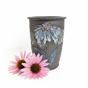 Hand Carved Cone Flower Ceramic Vase - Brown Stoneware Pottery (6" x 4.5")