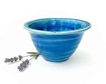Handmade Blue Ceramic Bowl: Drippy Glaze Pottery, 4.5" x 3"