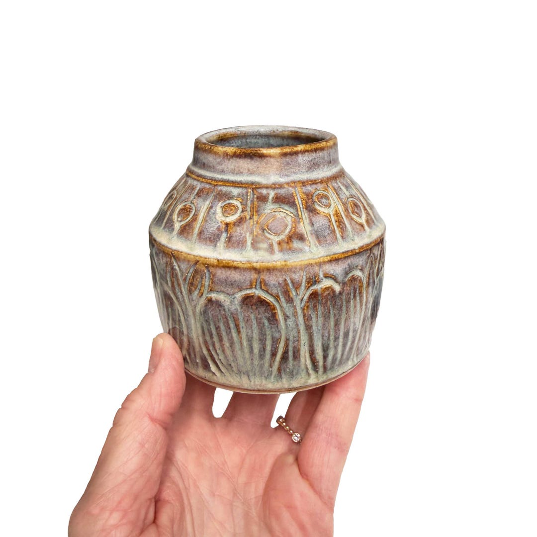 Carved Ceramic Bud Vase: Mauve and Tan Leaf Design Stoneware Vase, 3.25 ...