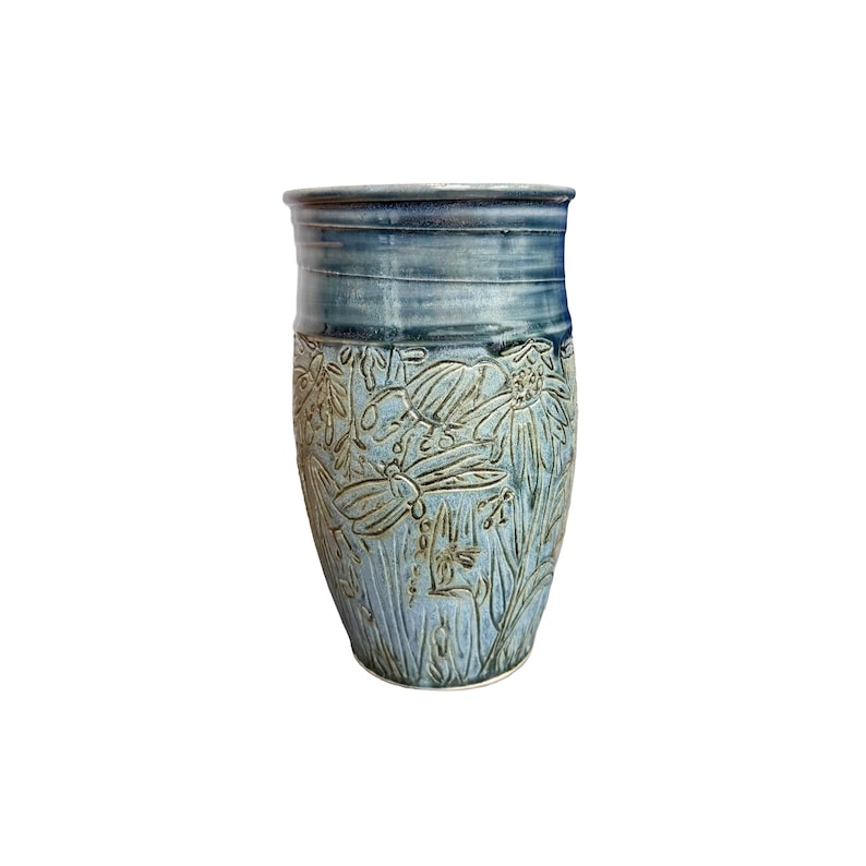 Carved Blue Stoneware Vase | Large Wheel Thrown Ceramic Vase With Bird ...